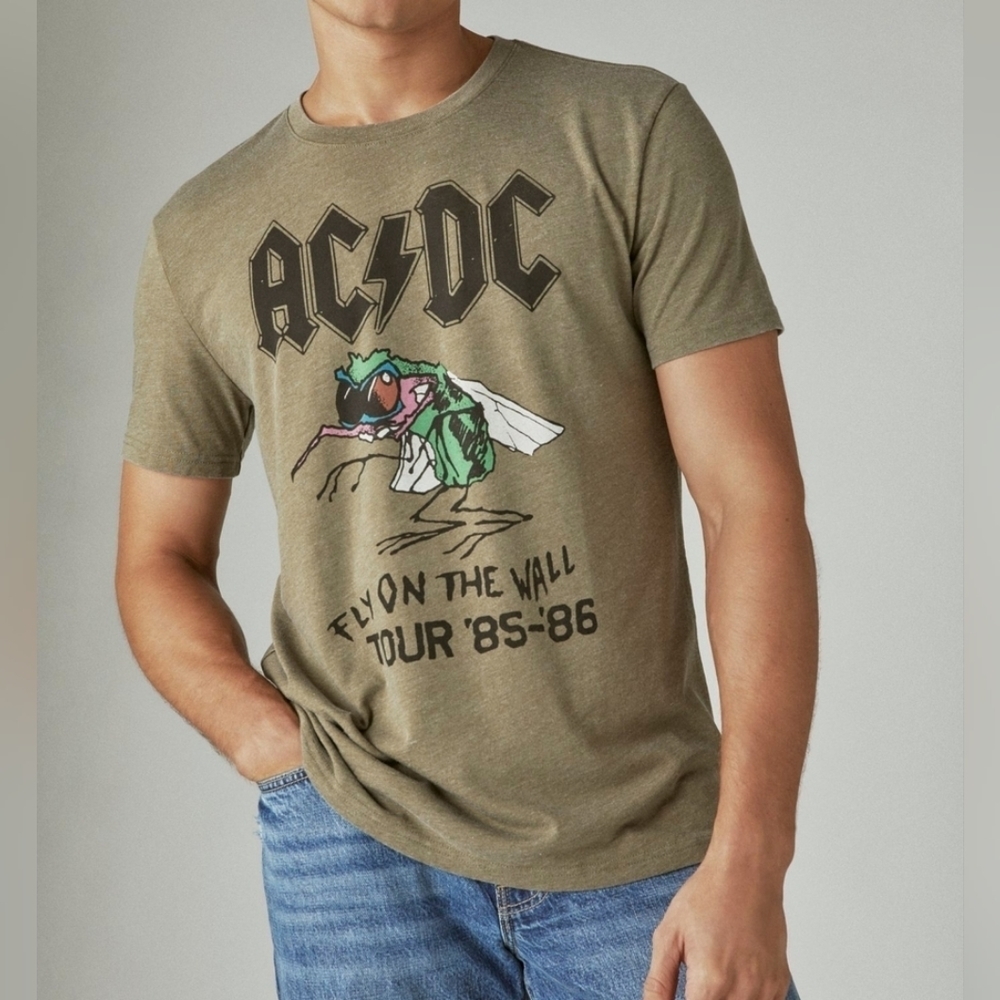 Lucky Brand Venice Burnout AC/DC Fly Tee Short Sleeve Olive Crew T-Shirt - Small